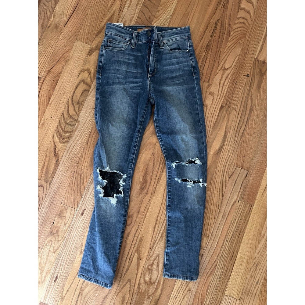 Joe's Flawless The Charlie Skinny Ankle Jeans 24 High Rise Black Lace Distress